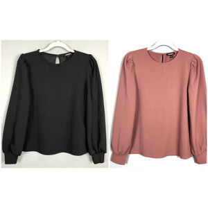 Lot of 2 Express Puff Sleeve Pleated Shoulder Blouse M Black Rust Office Formal